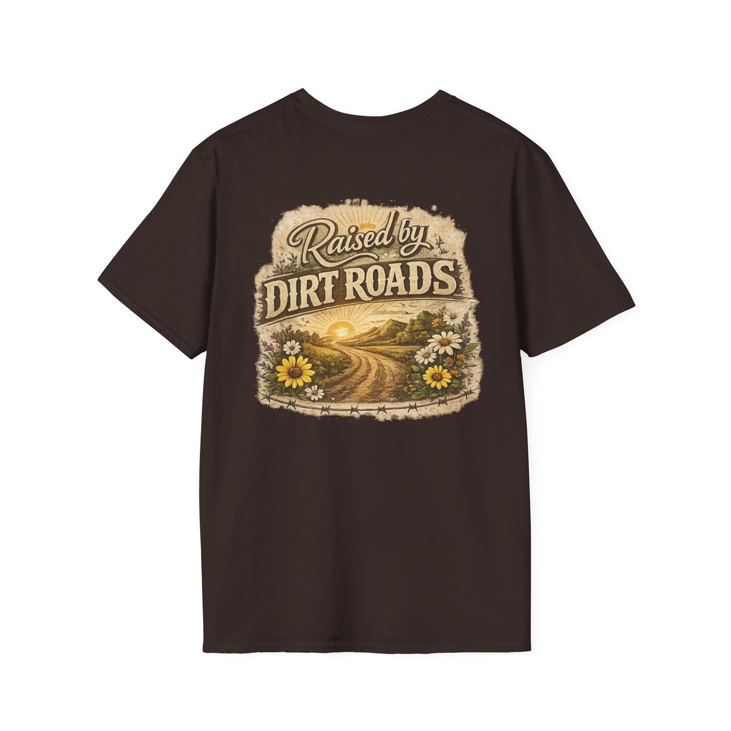 Raised by Dirt Roads Shirt | Country Girl Tee | Back Print with Sunflower Pocket Logo | Southern Lifestyle Shirt