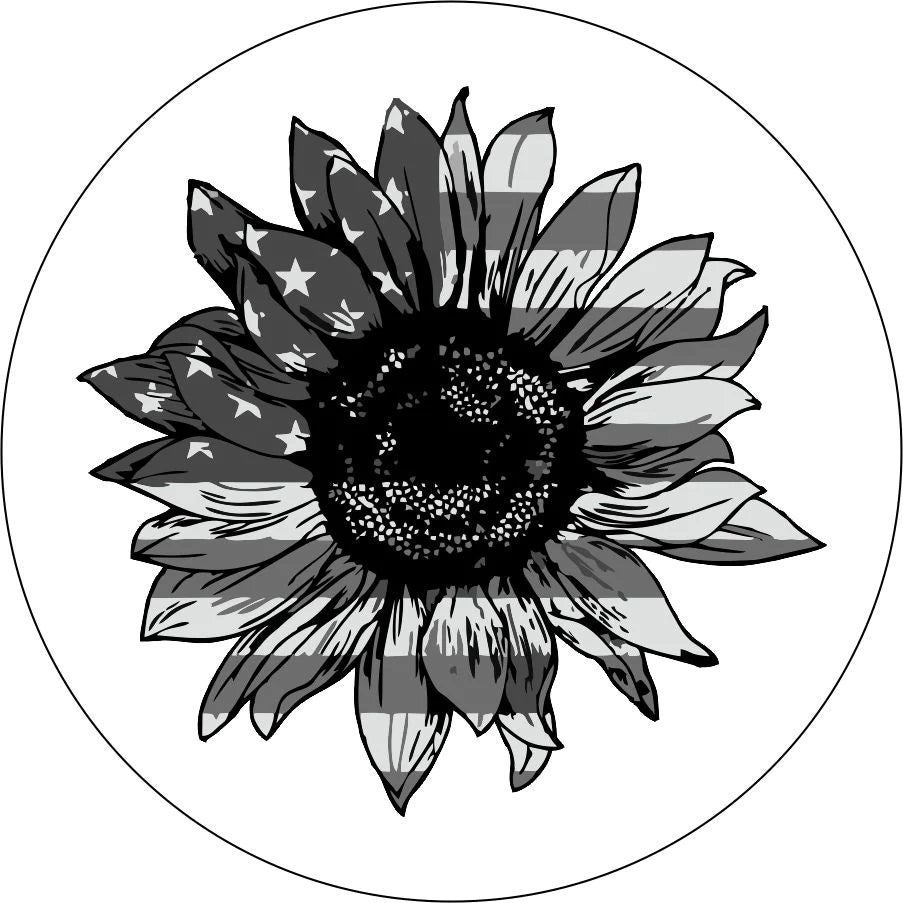 US Flag Sunflower Spare Tire Cover, Greyscale