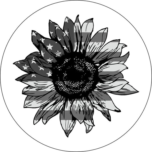 US Flag Sunflower Spare Tire Cover, Greyscale