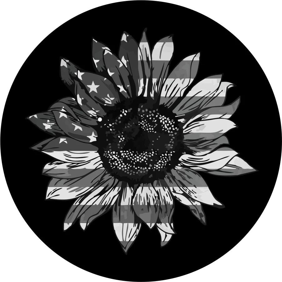 US Flag Sunflower Spare Tire Cover, Greyscale