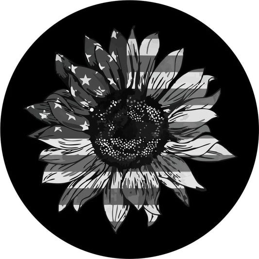US Flag Sunflower Spare Tire Cover, Greyscale
